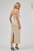 Vestido Midi com Detalhes em Lapela Bege