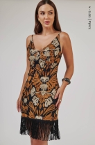 Vestido Curto Bordado com Franja S Preto