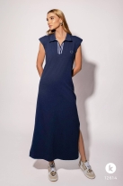 Vestido Longo com Fenda Lateral e Gola Polo Azul