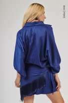 Vestido Curto Acetinado com Franja Marinho
